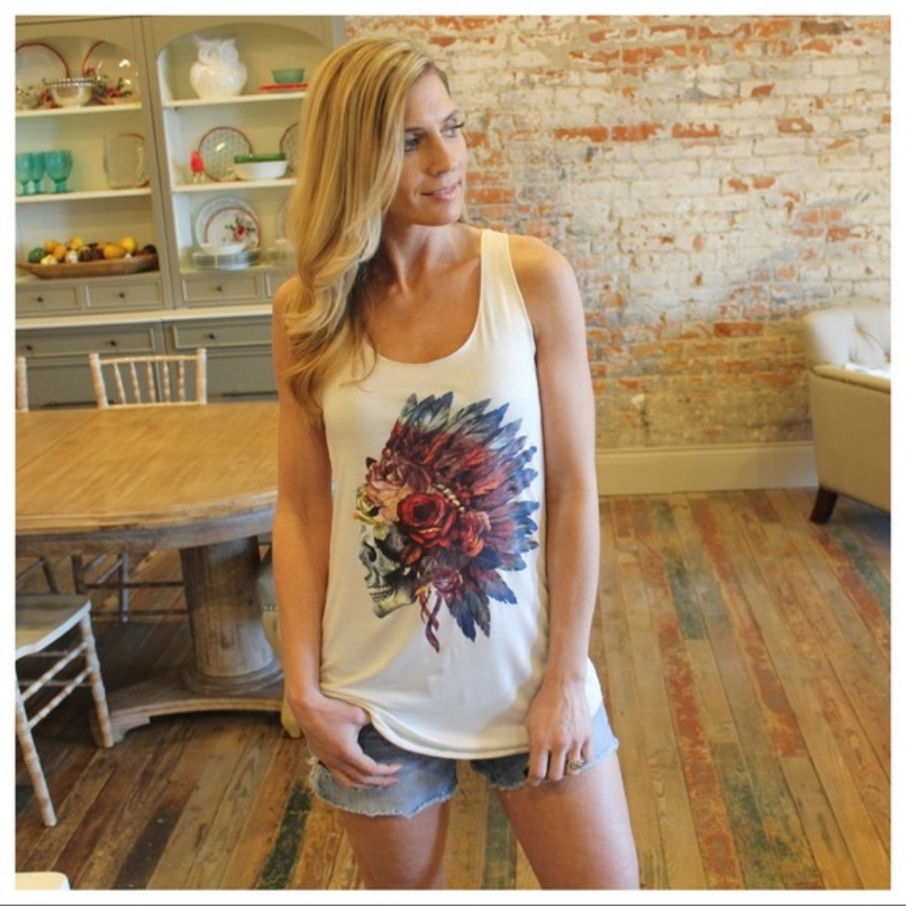 Ivory Feather Skull Graphic Racer back Tank - Picture 2 of 3